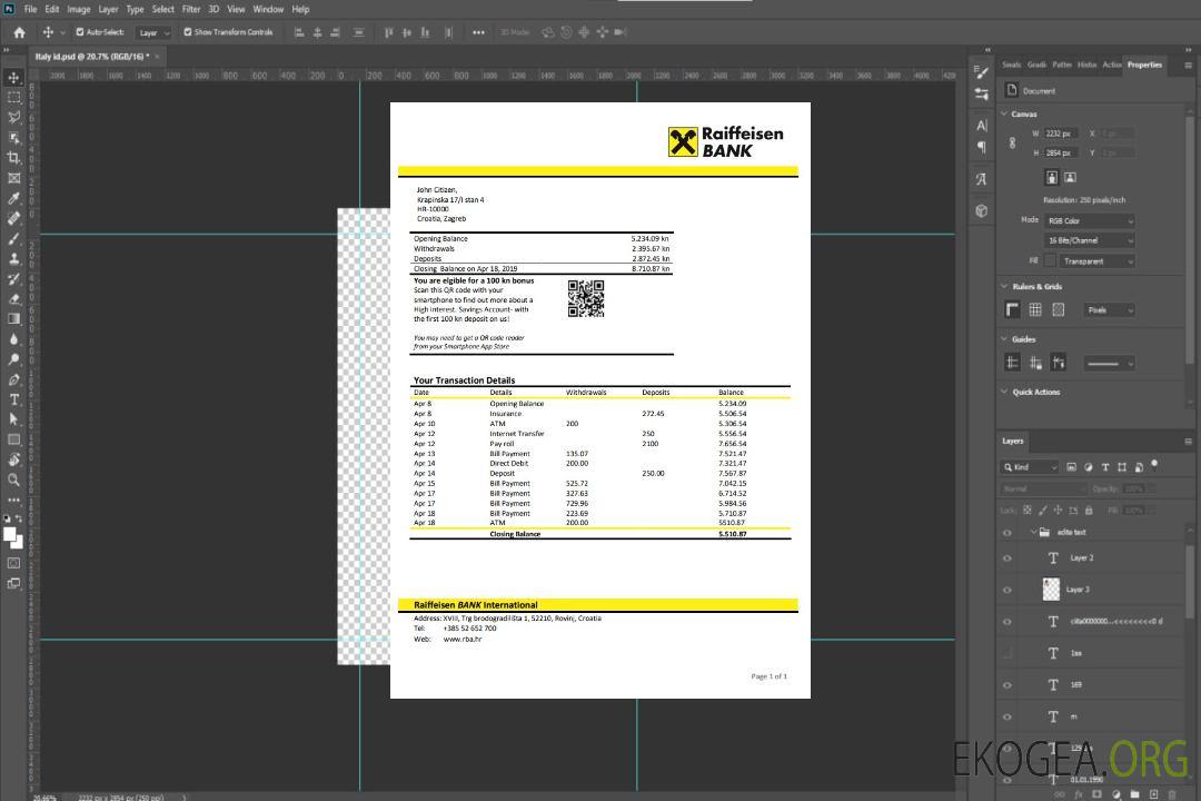 Relevé de la Banque Raiffeisen de Croatie template